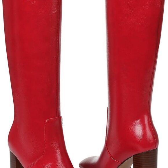 Women Knee High Boots Faux Leather Waterproof Chunky Heel Square Toe - Picture 2 of 6